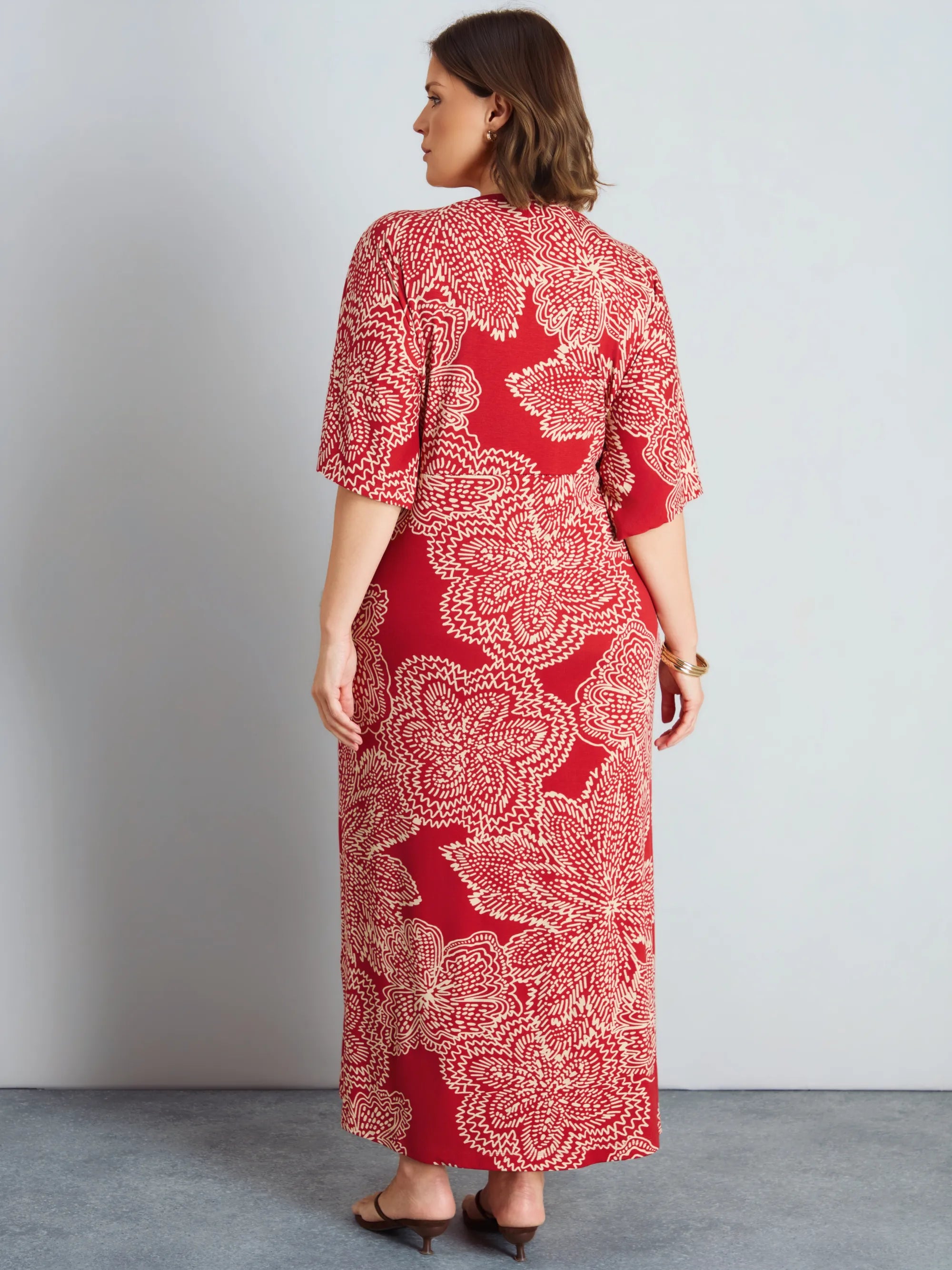 Red Abstract Floral Print Side Ruched Jersey Maxi Dress
