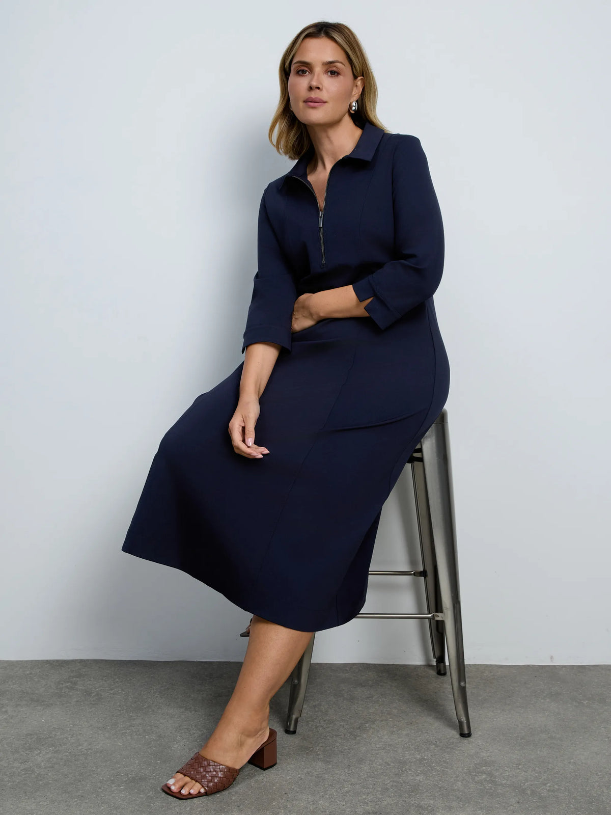 Navy Polo Neck Jersey Midi Dress