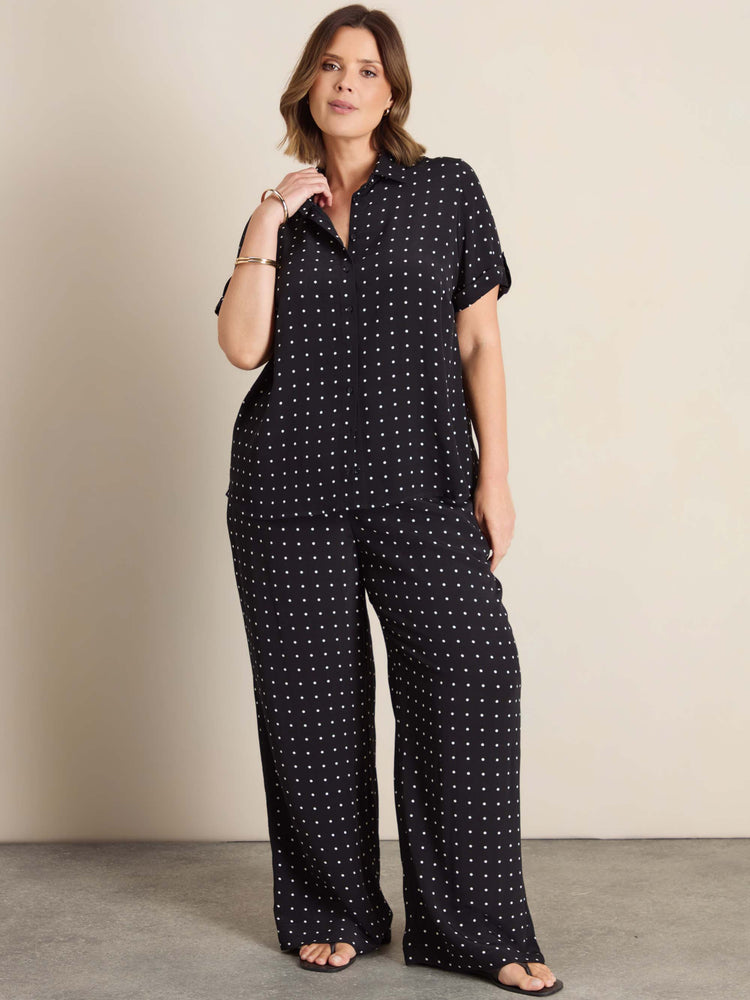 Black Polka Dot Print Turn Up Sleeve Shirt
