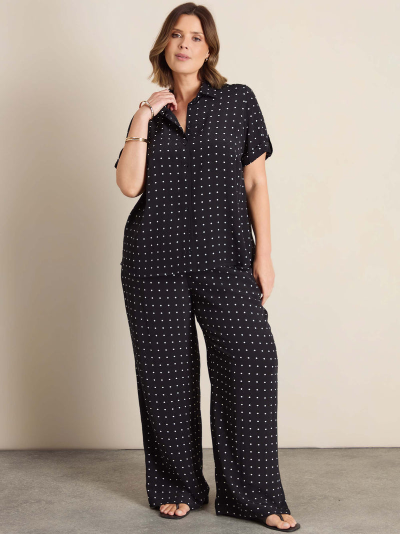 Black Polka Dot Print Turn Up Sleeve Shirt