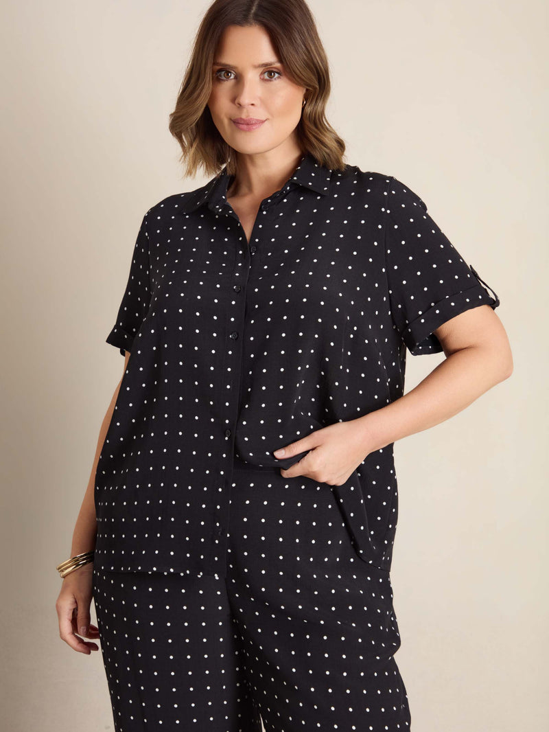 Black Polka Dot Print Turn Up Sleeve Shirt