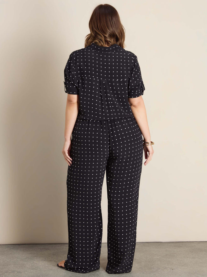 Black Polka Dot Print Turn Up Sleeve Shirt