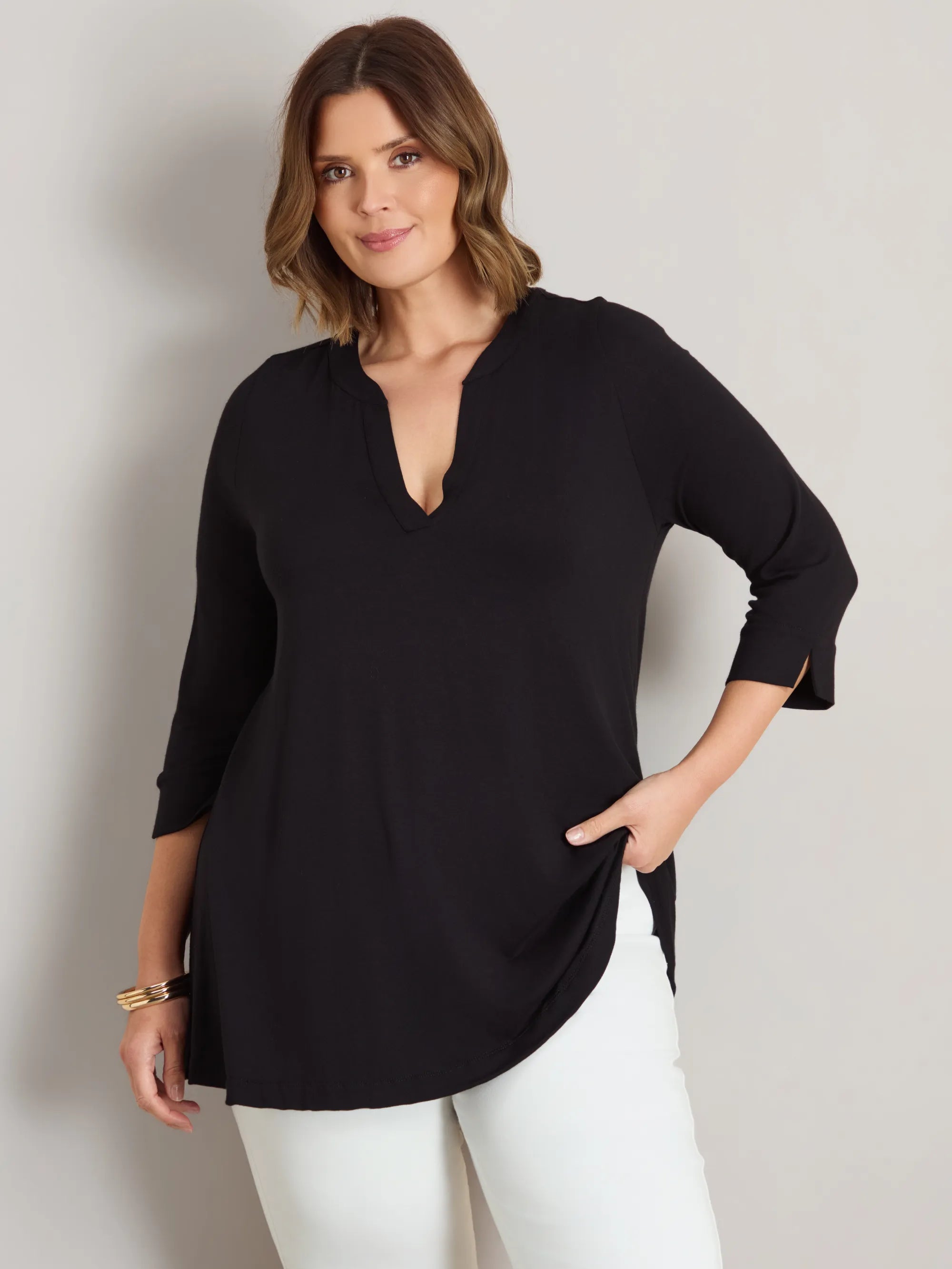 Plus size black V-neck jersey top