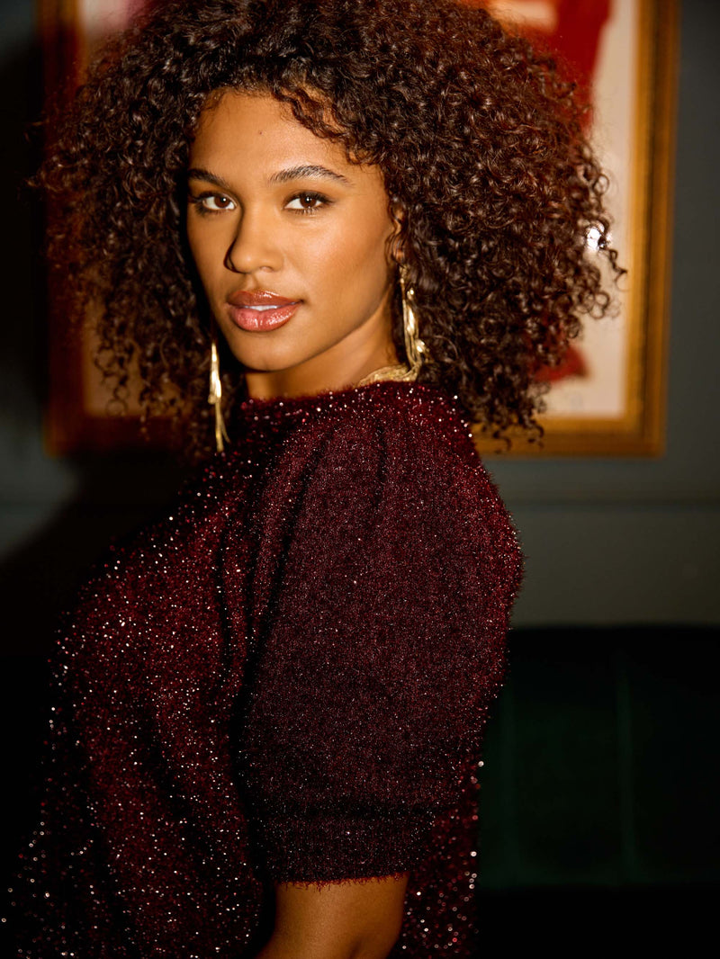 Burgundy Sparkle Knitted Short Sleeve Jumper