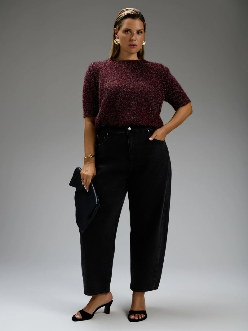 Burgundy Sparkle Knitted Short Sleeve Jumper