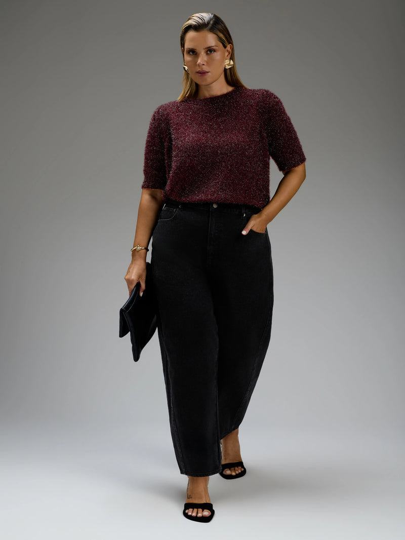 Burgundy Sparkle Knitted Short Sleeve Jumper