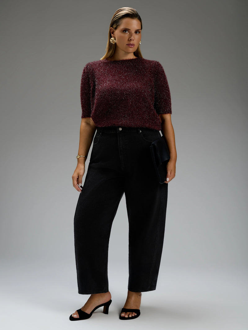 Burgundy Sparkle Knitted Short Sleeve Jumper