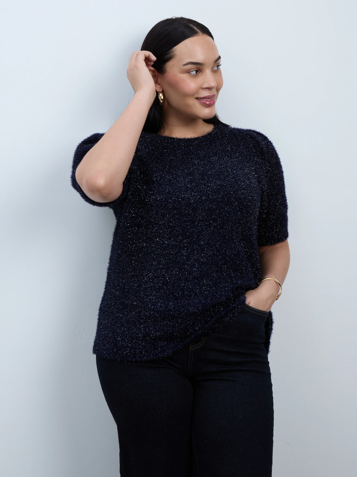 Blue Sparkle Knitted Short Sleeve Jumper