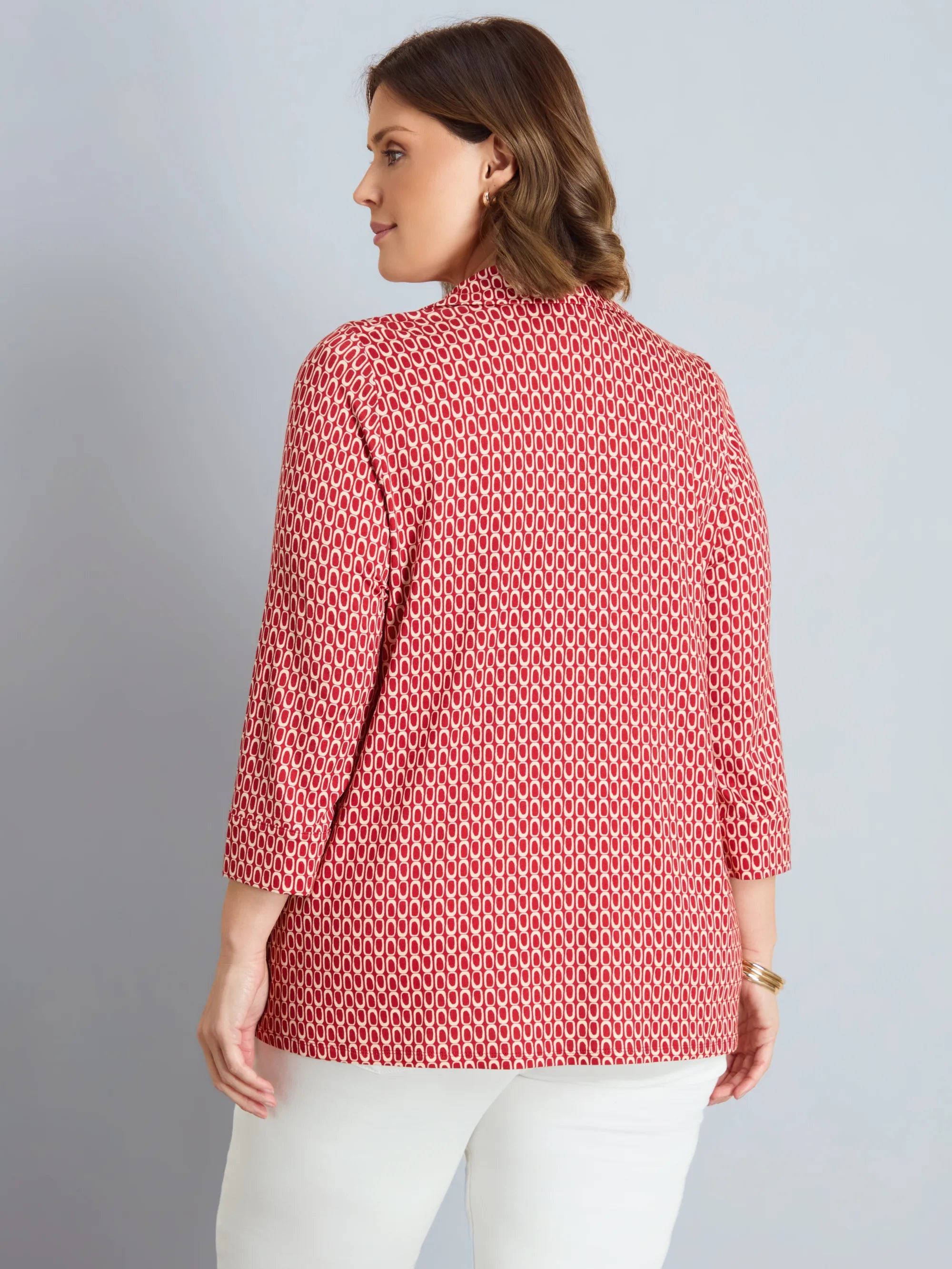 Petite Red Geo Print 3/4 Sleeve Collared V-Neck Jersey Top