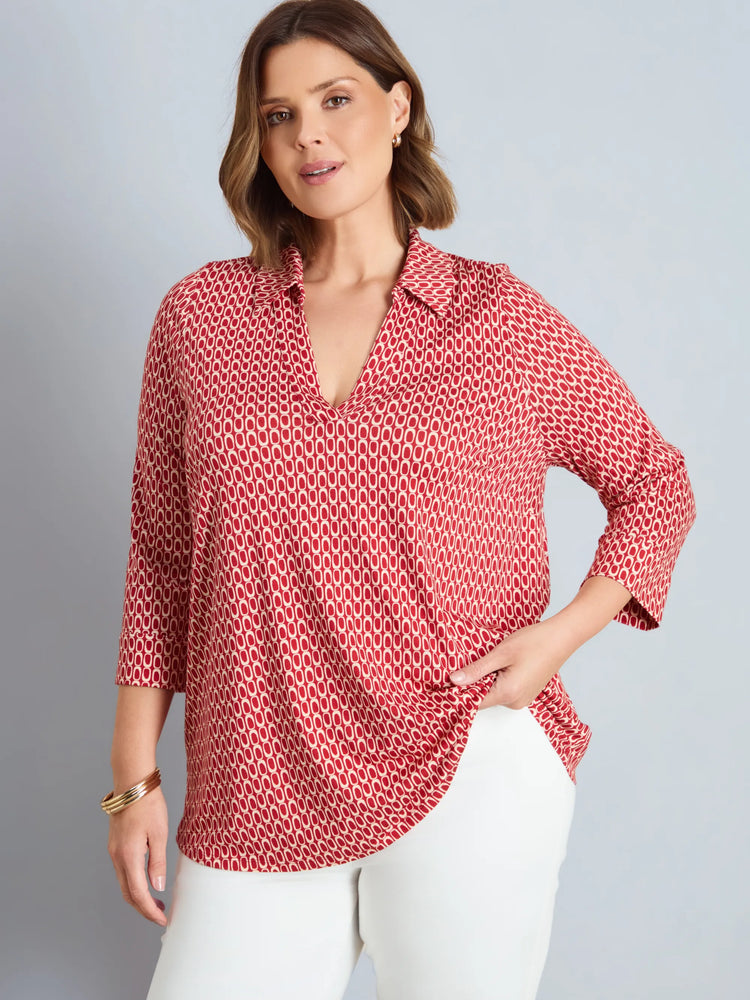Red Geo Print 3/4 Sleeve Collared V-Neck Jersey Top