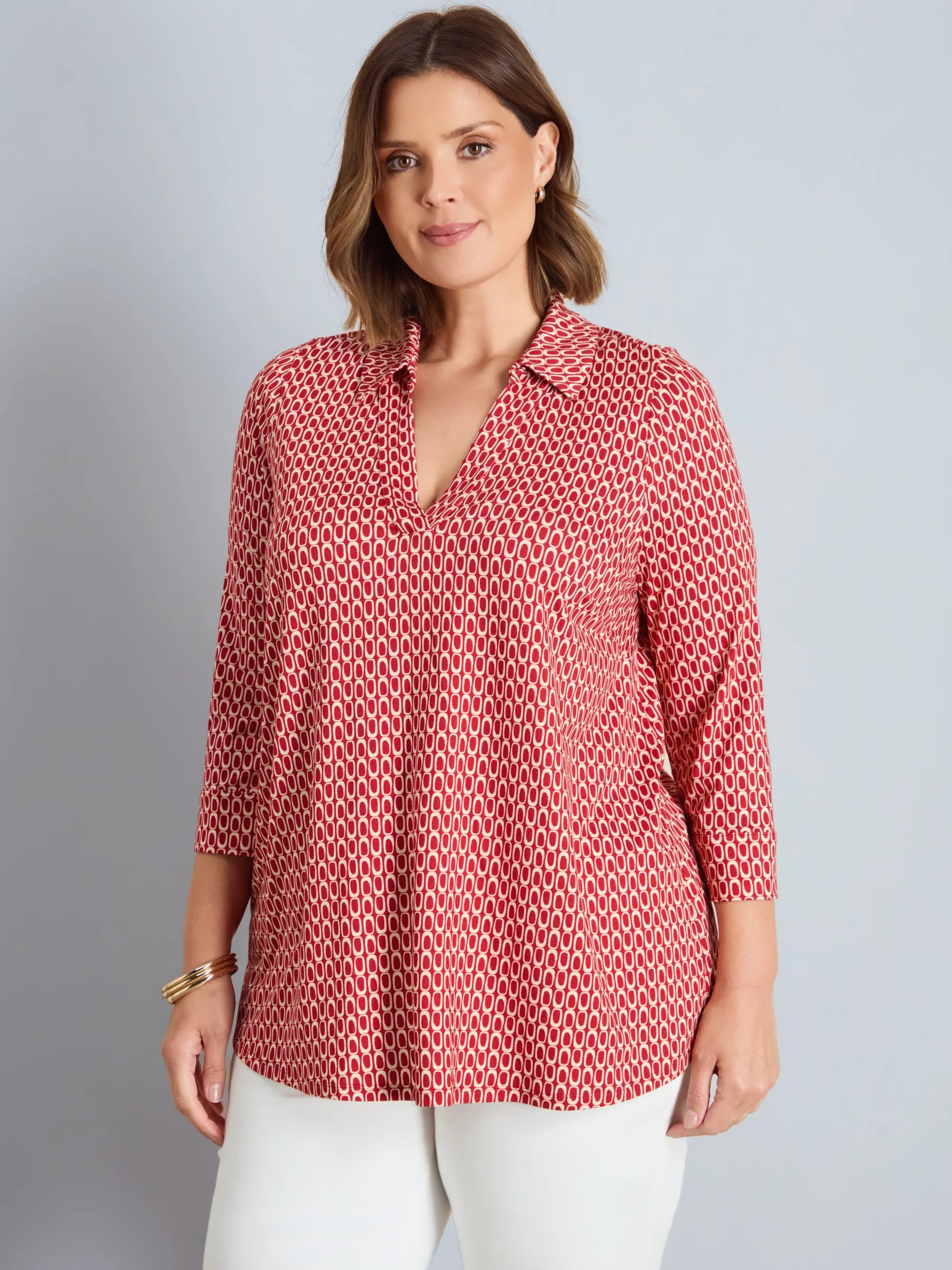 Petite Red Geo Print 3/4 Sleeve Collared V-Neck Jersey Top