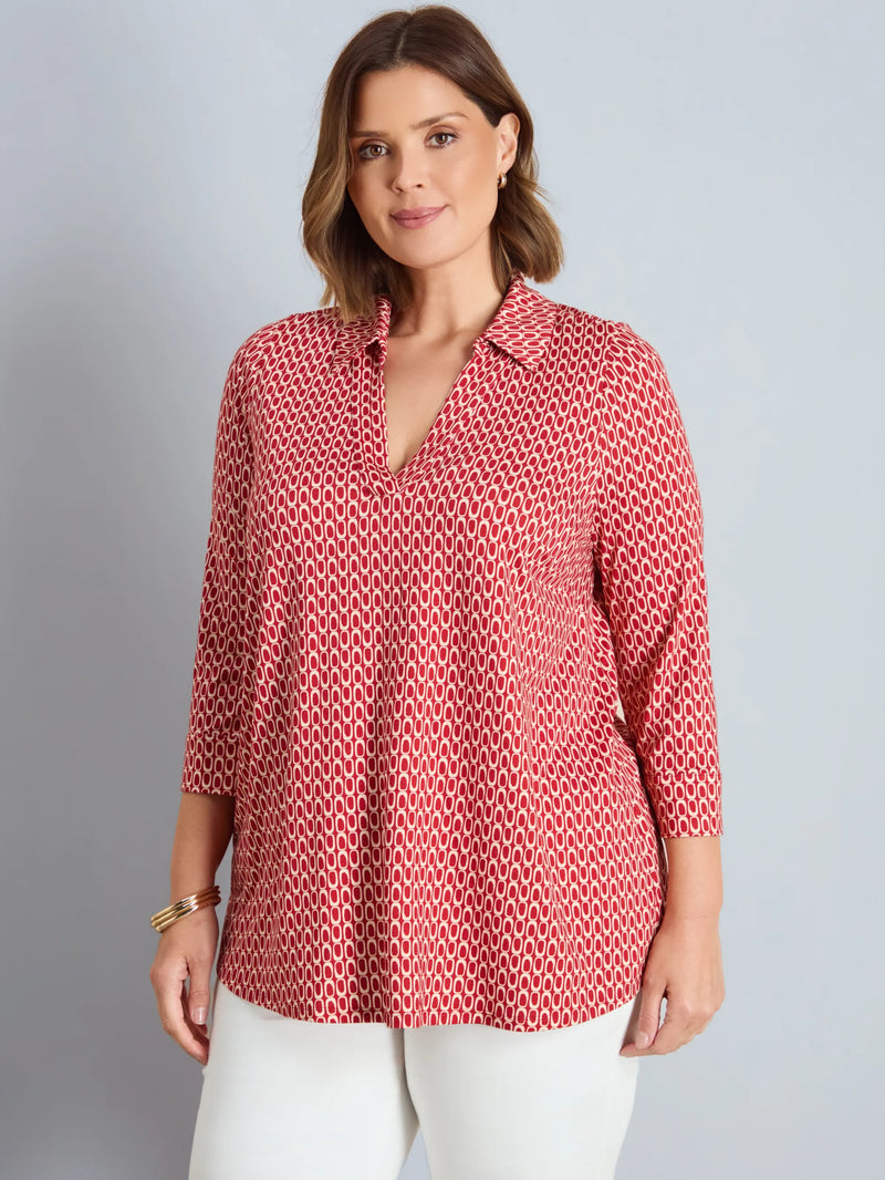 Red Geo Print 3/4 Sleeve Collared V-Neck Jersey Top