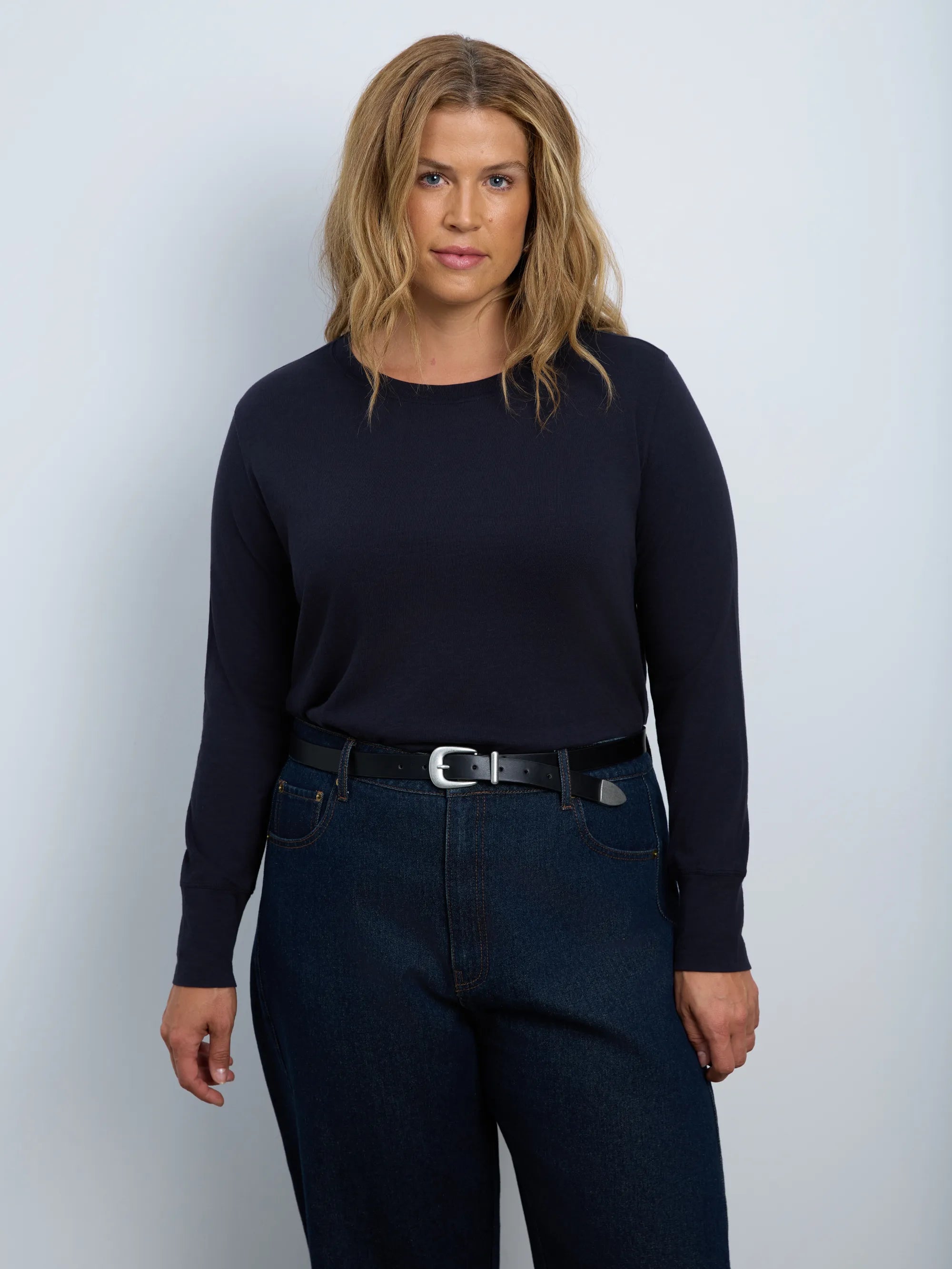 Navy Cotton Slub Scoop Neck Long Sleeve Top