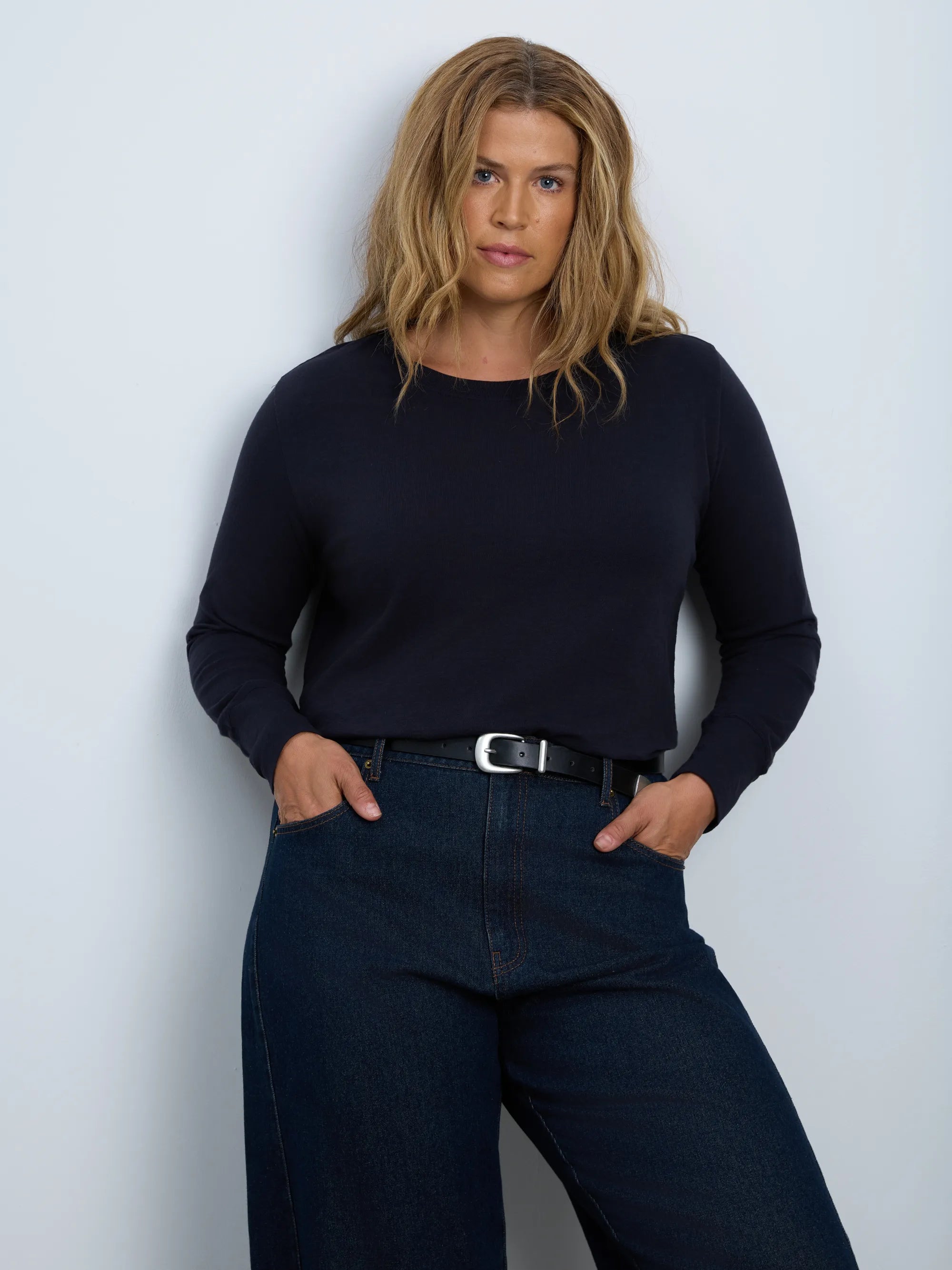 Navy Cotton Slub Scoop Neck Long Sleeve Top