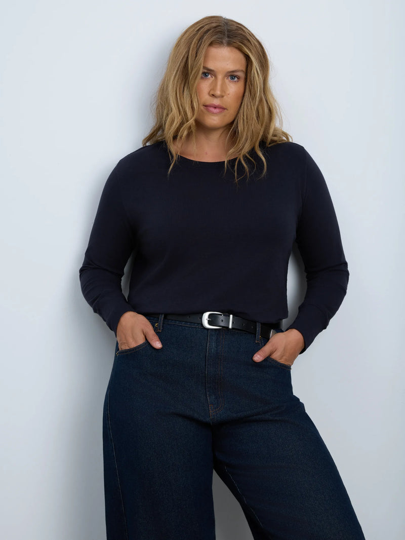 Navy Cotton Slub Scoop Neck Long Sleeve Top