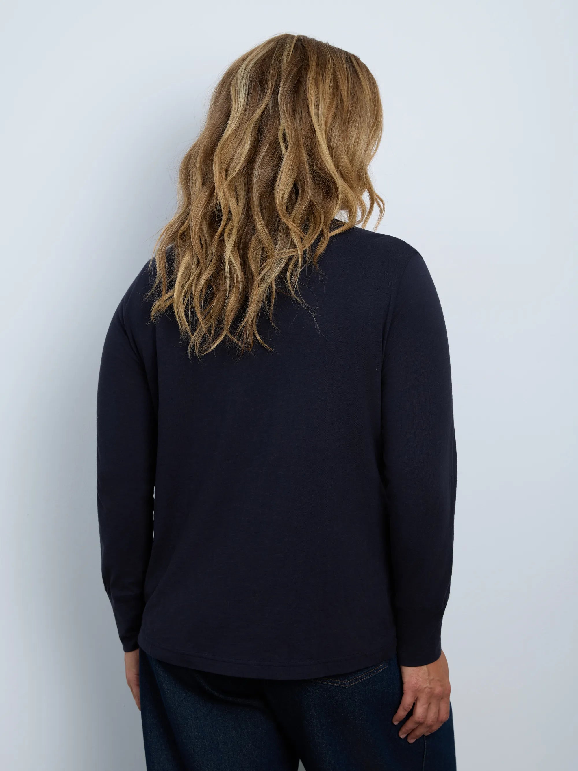 Navy Cotton Slub Scoop Neck Long Sleeve Top