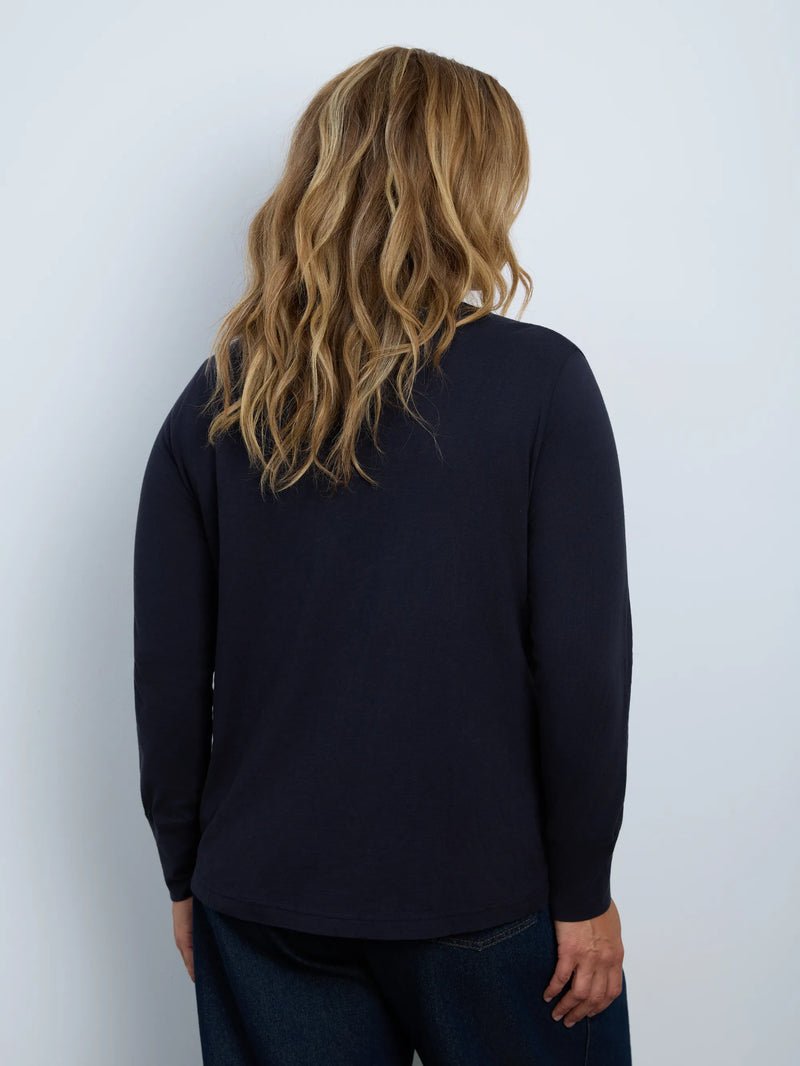 Navy Cotton Slub Scoop Neck Long Sleeve Top