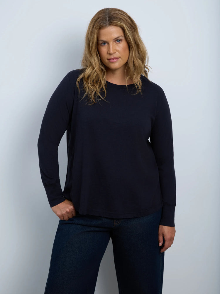 Navy Cotton Slub Scoop Neck Long Sleeve Top
