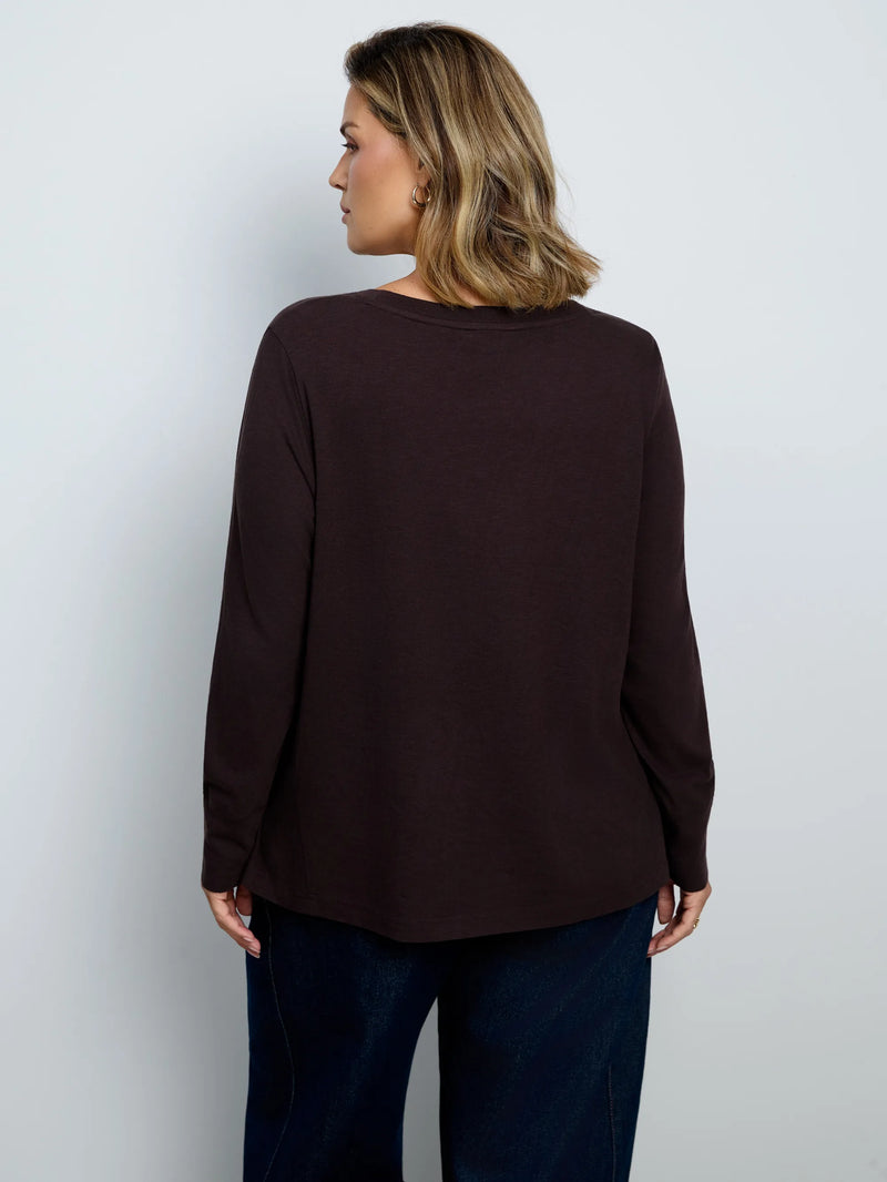 Chocolate Cotton Slub Scoop Neck Long Sleeve Top