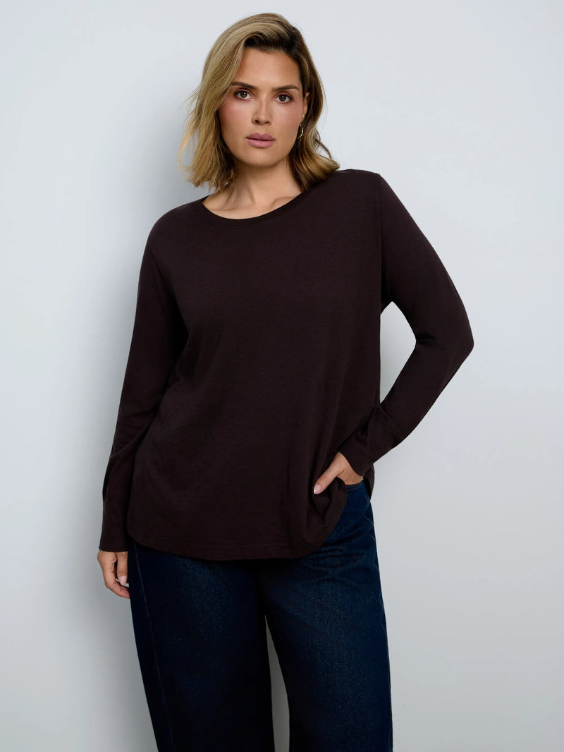 Chocolate Cotton Slub Scoop Neck Long Sleeve Top