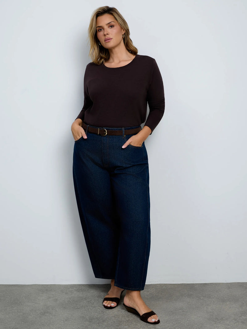 Chocolate Cotton Slub Scoop Neck Long Sleeve Top