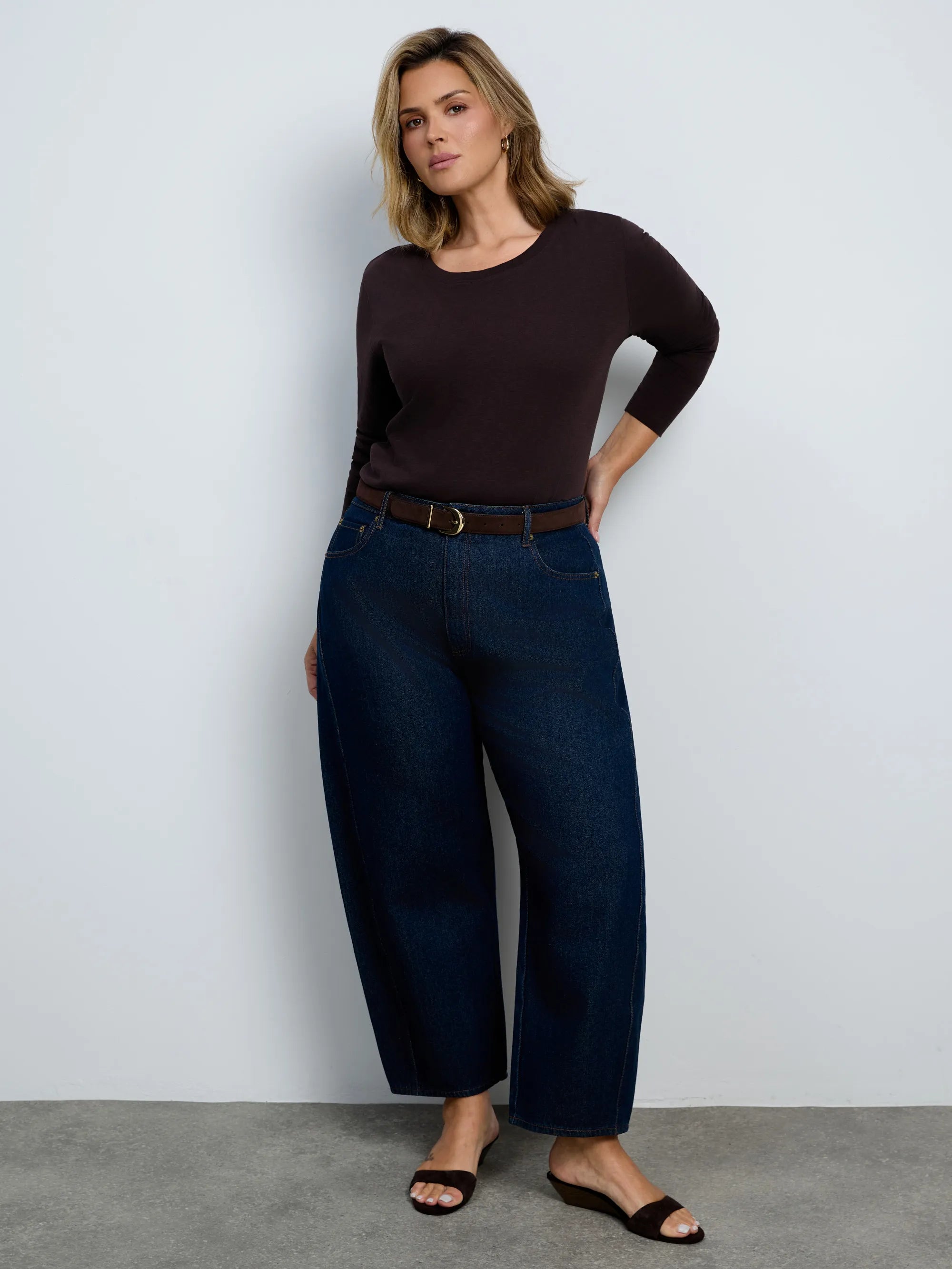 Chocolate Cotton Slub Scoop Neck Long Sleeve Top