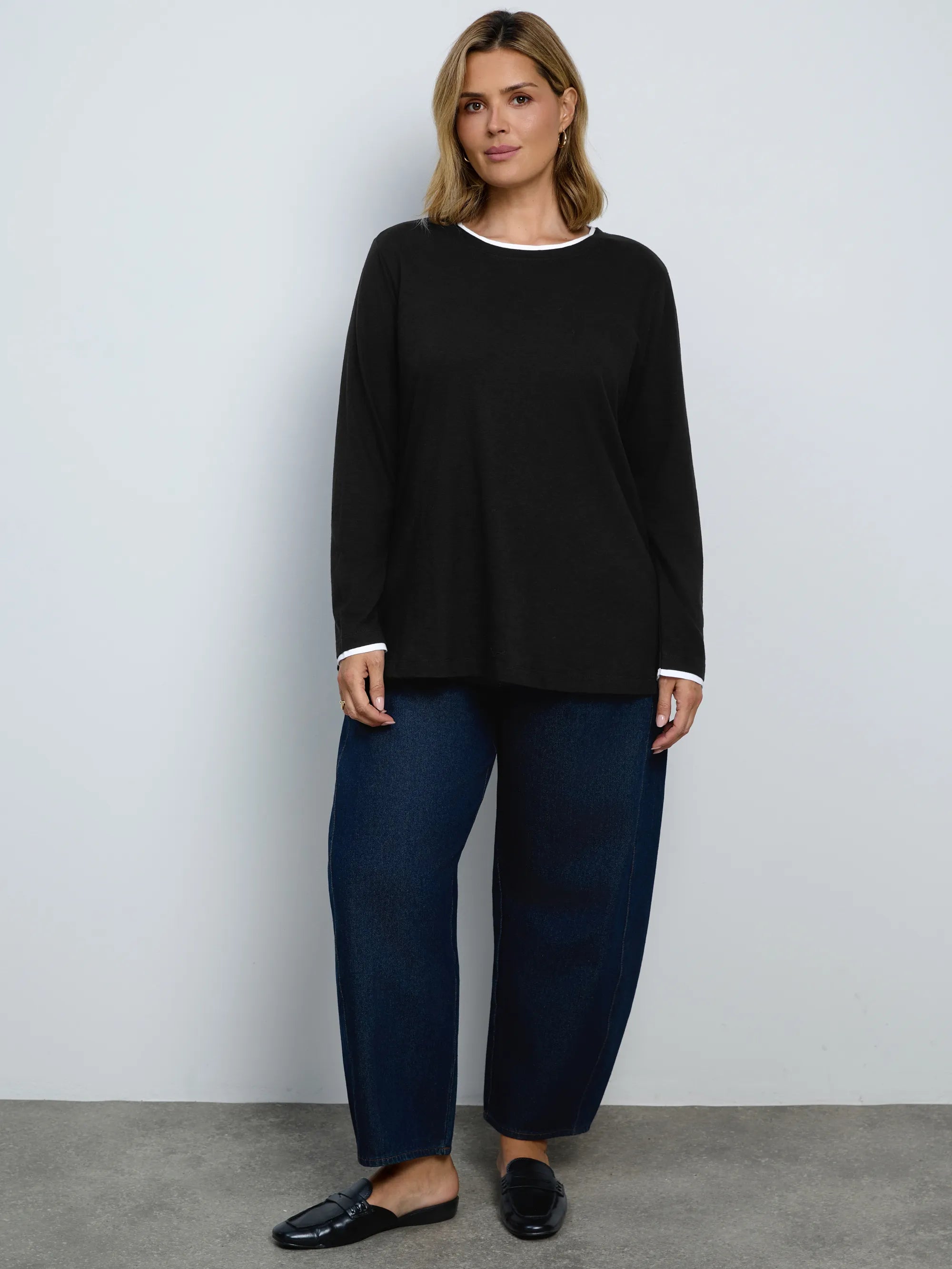 Black Cotton Slub Round Neck Top