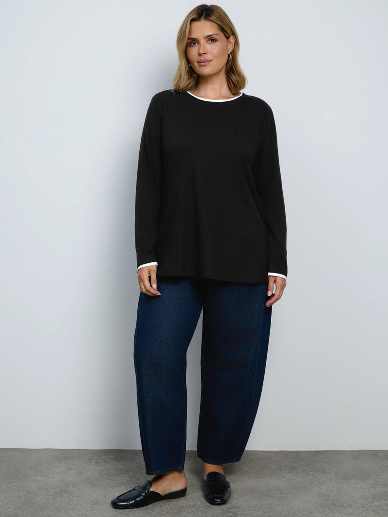 Black Cotton Slub Round Neck Top