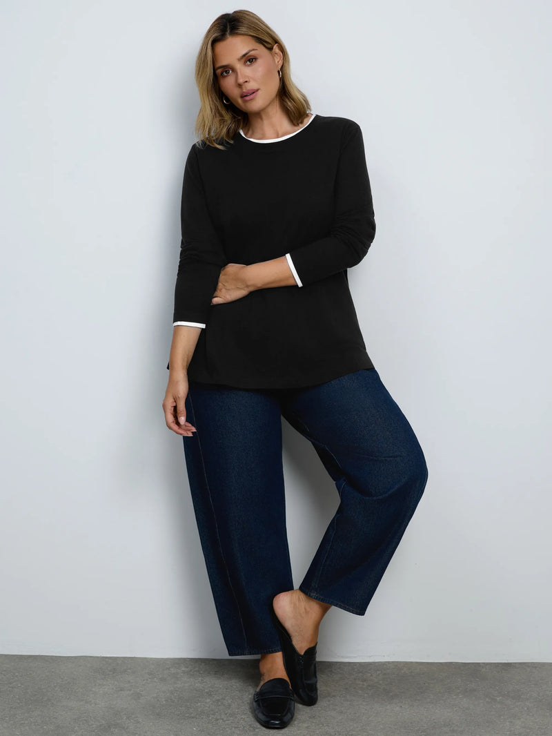 Black Cotton Slub Round Neck Top