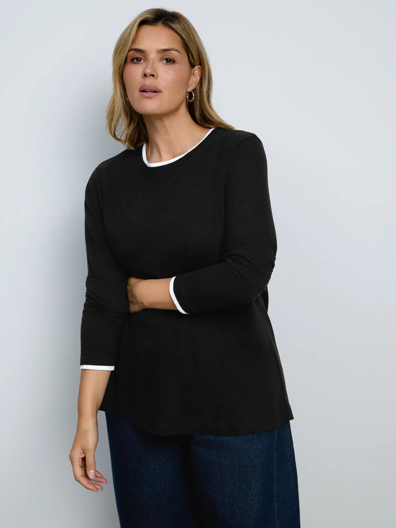 Black Cotton Slub Round Neck Top