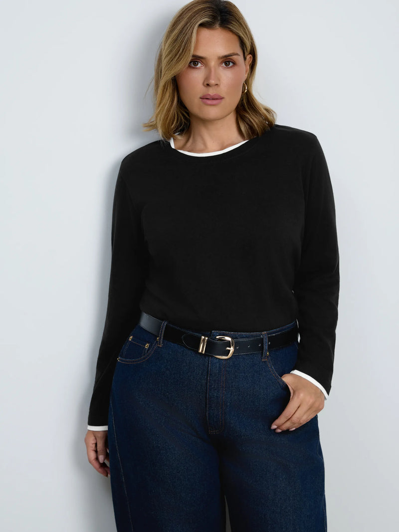Black Cotton Slub Round Neck Top