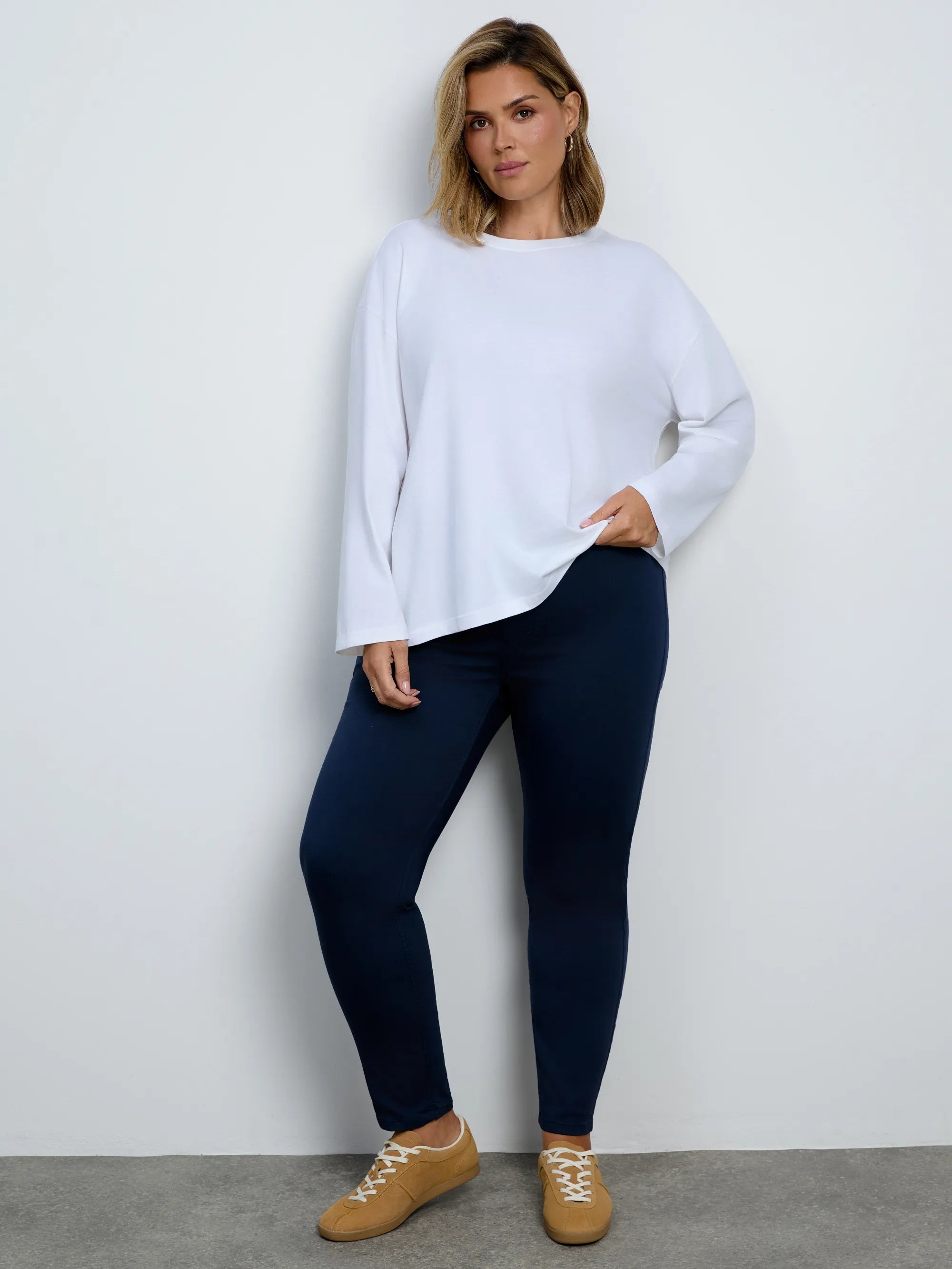 Plus size white cotton round neck top