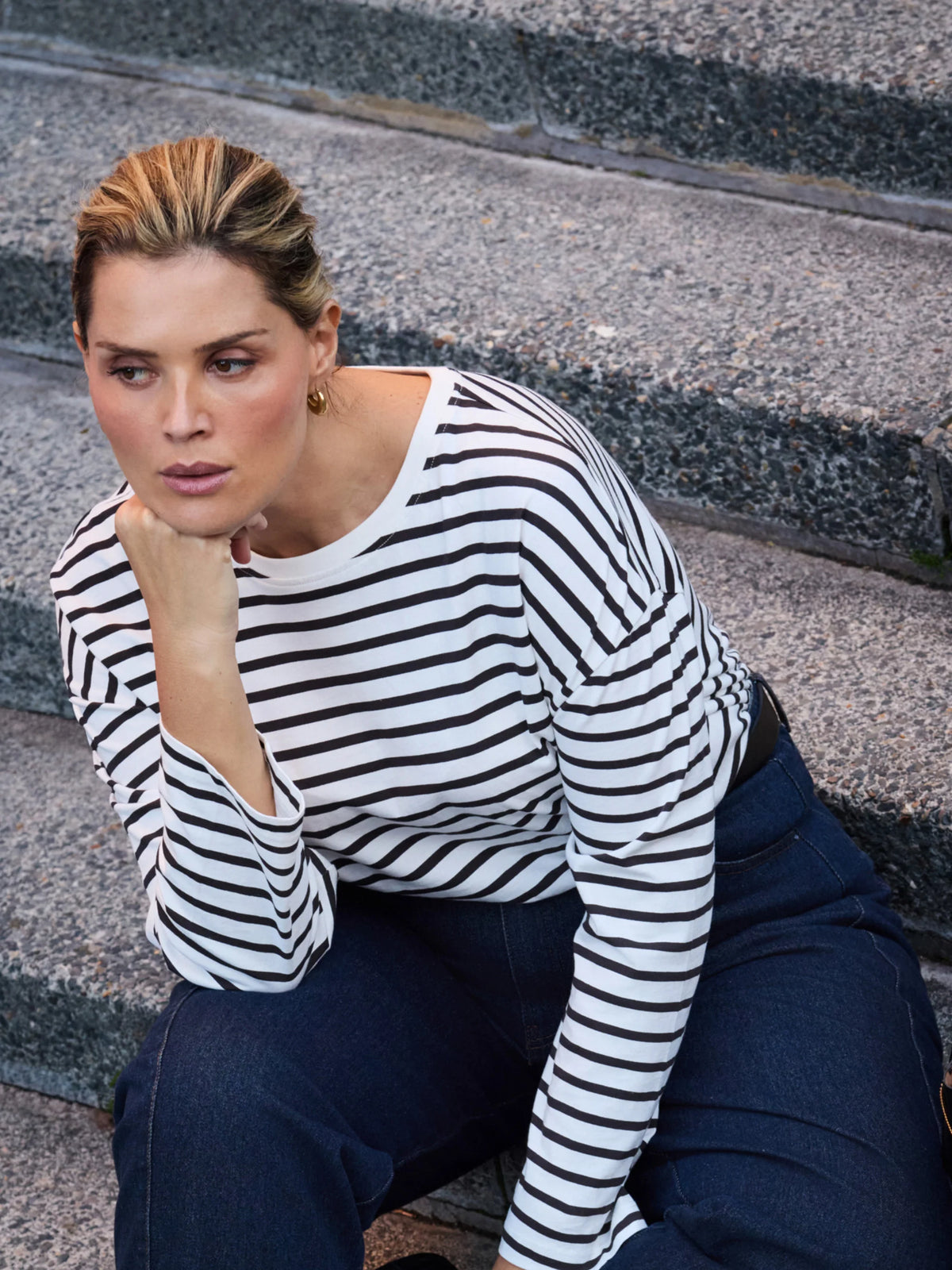 Brown Stripe Cotton Slub Round Neck Top