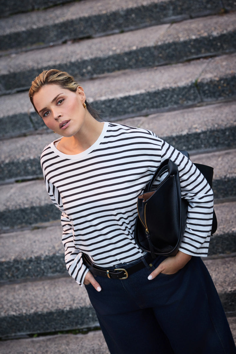 Brown Stripe Cotton Slub Round Neck Top