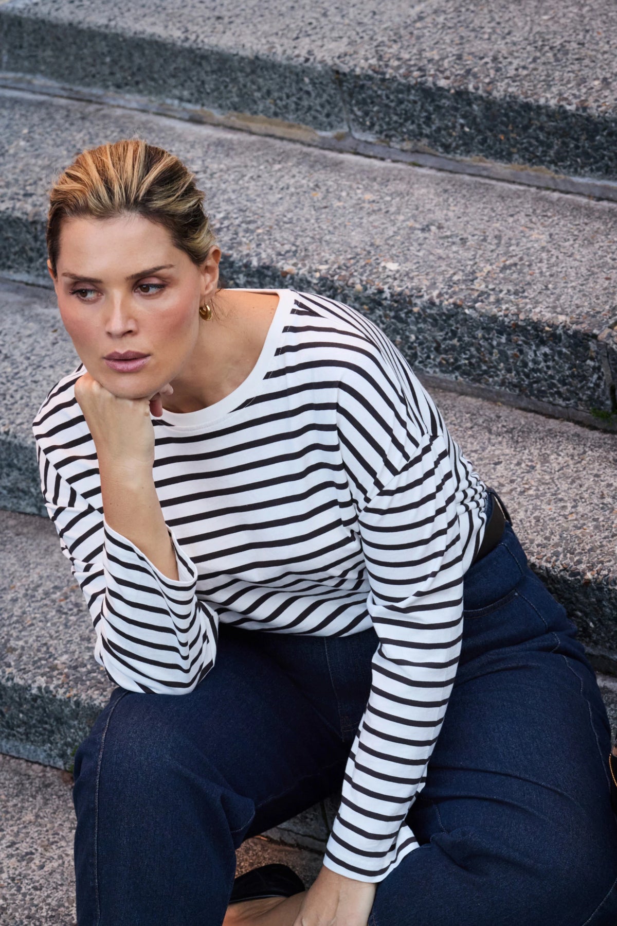 Brown Stripe Cotton Slub Round Neck Top