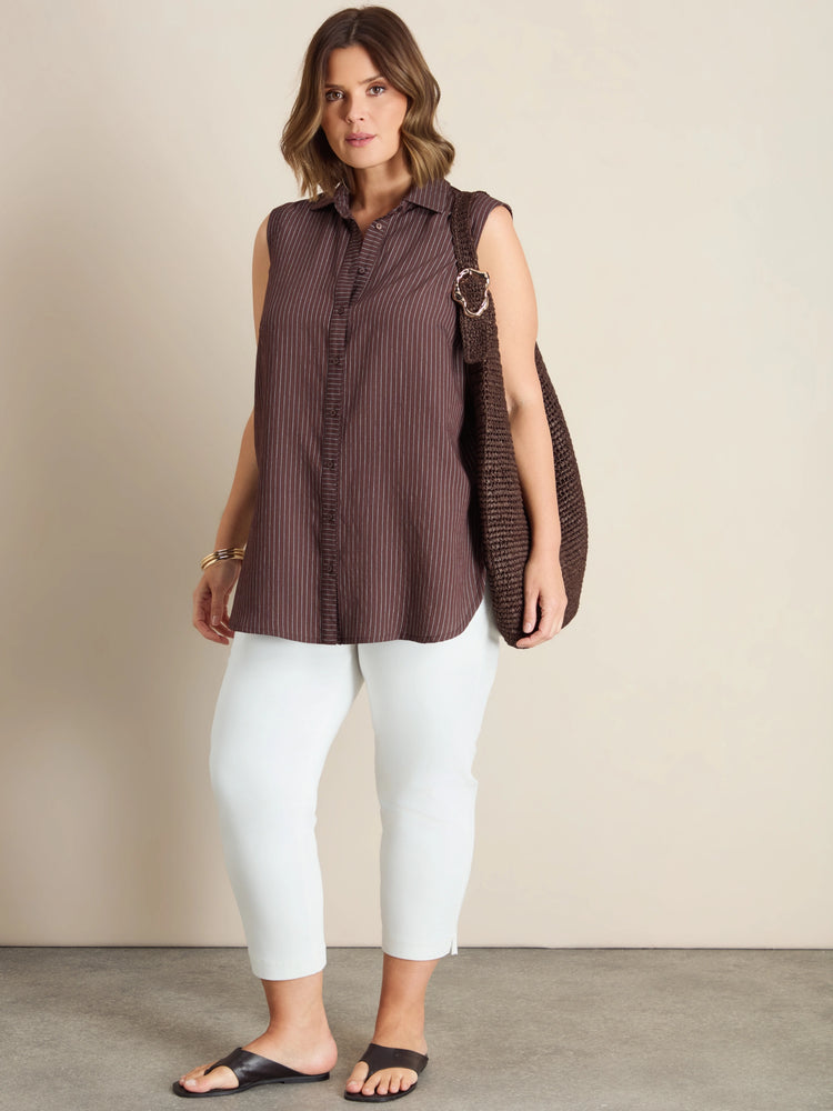 Plus size brown striped sleeveless shirt with collar and button-through front