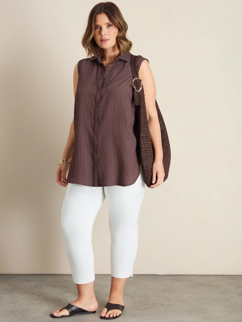 Plus size brown striped sleeveless shirt with collar and button-through front