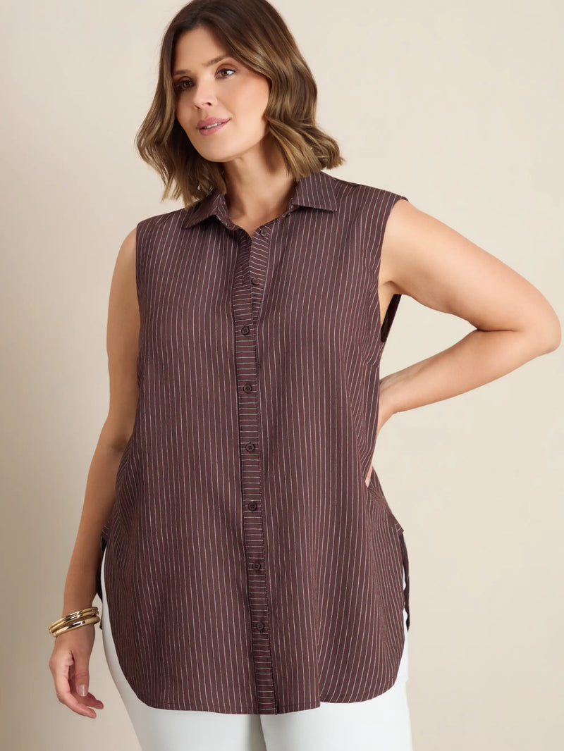 Plus size brown striped sleeveless shirt with collar and button-through front