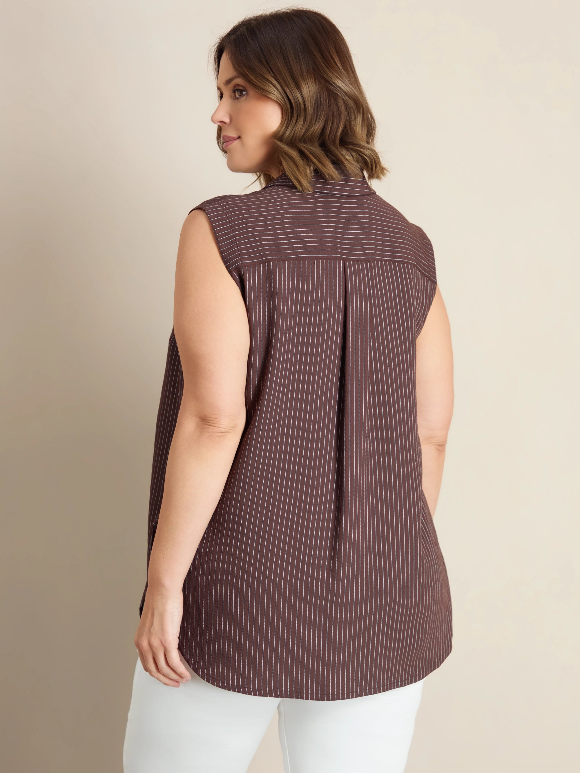 Plus size brown striped sleeveless shirt with collar and button-through front