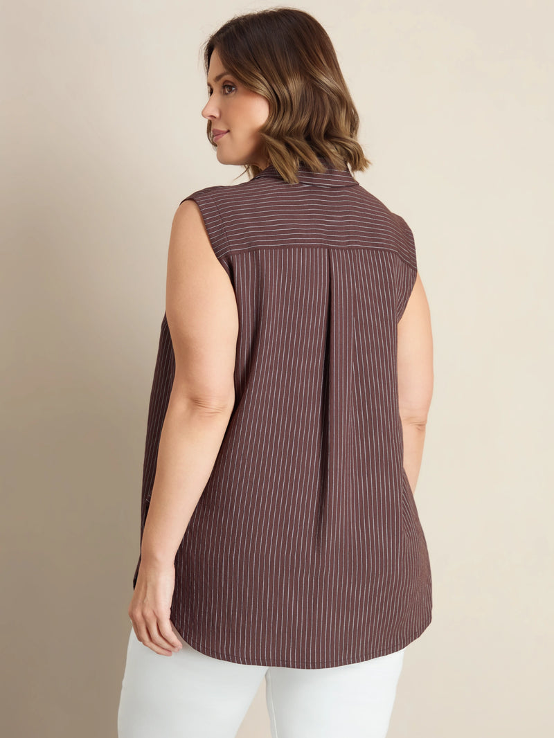 Plus size brown striped sleeveless shirt with collar and button-through front