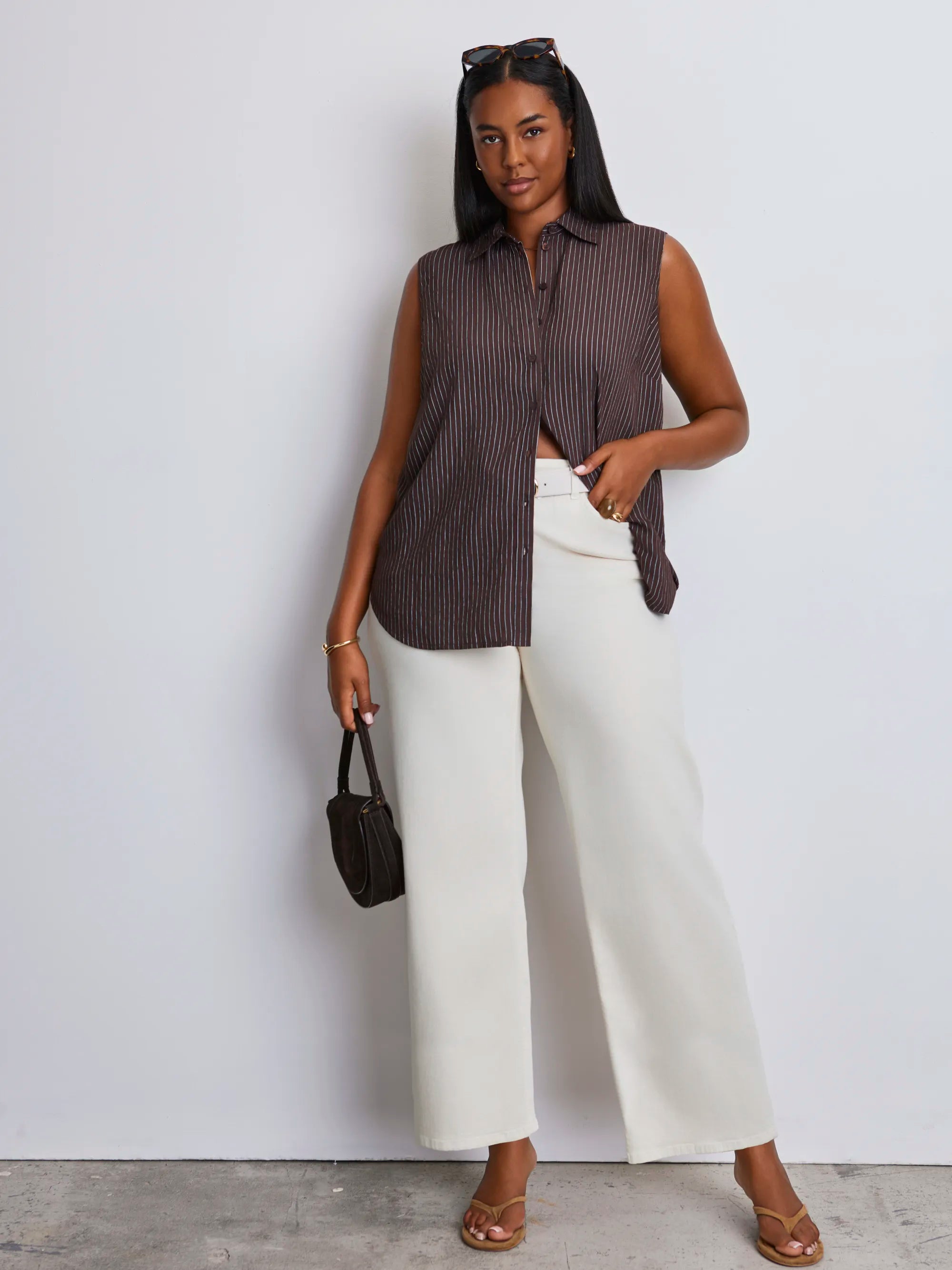 Brown Striped Sleeveless Button Up Shirt
