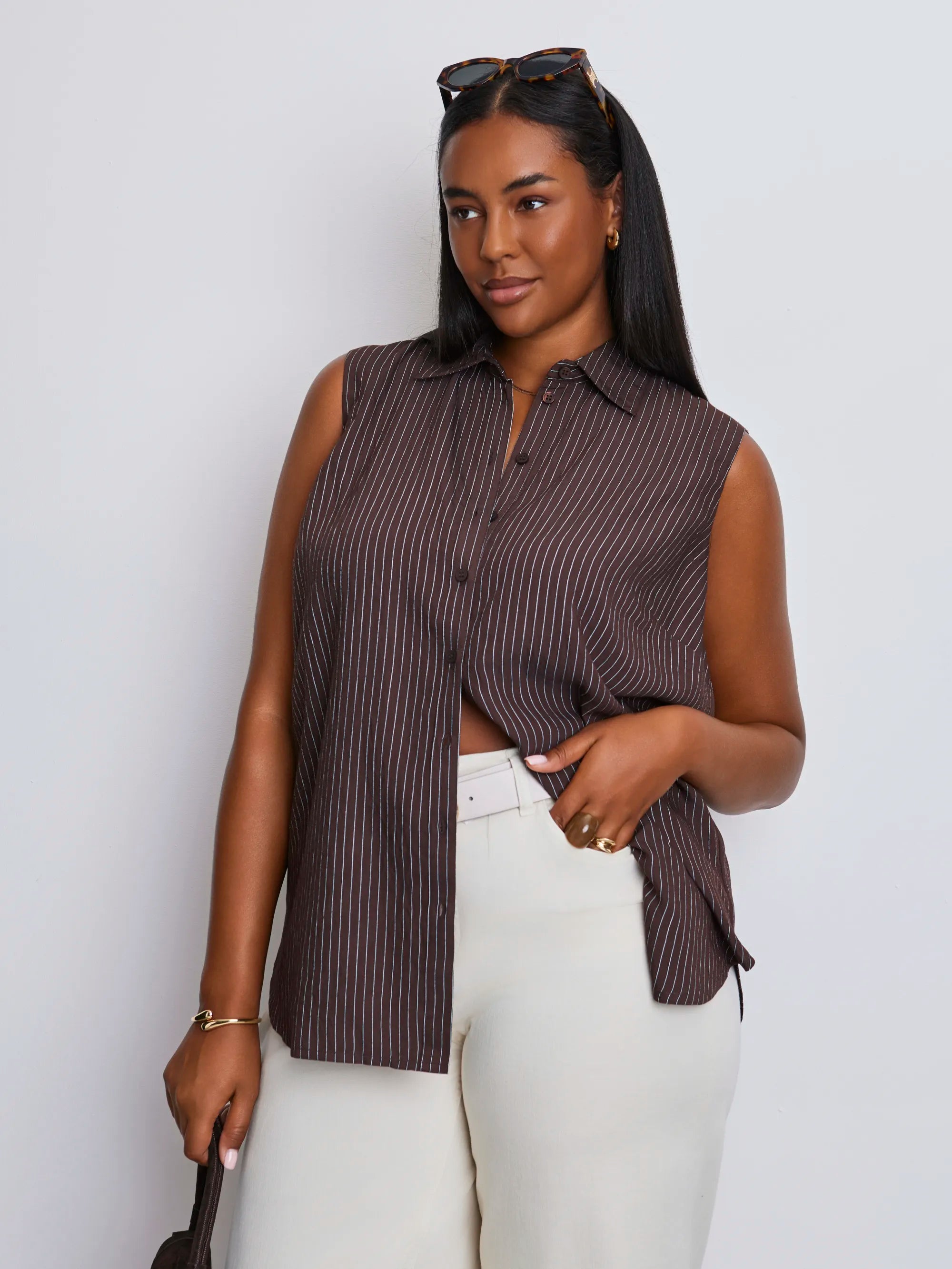 Brown Striped Sleeveless Button Up Shirt