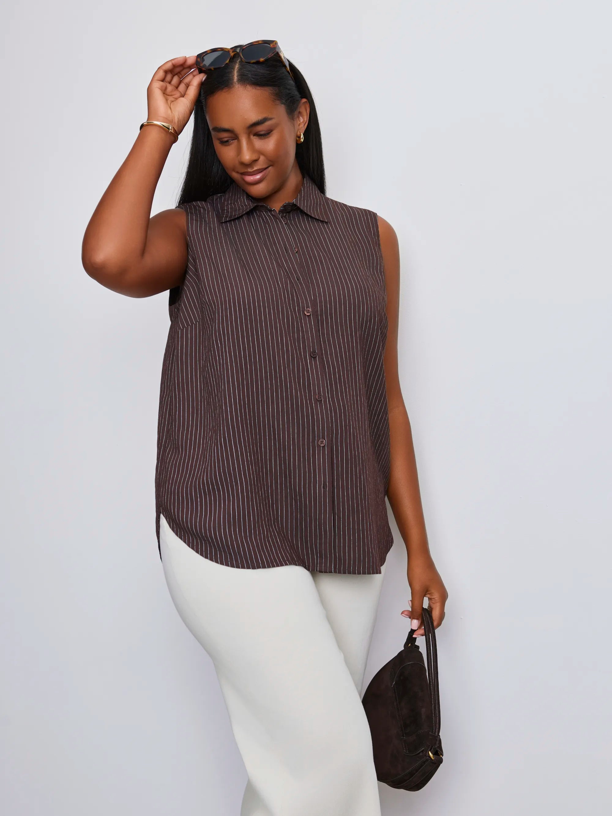Brown Striped Sleeveless Button Up Shirt