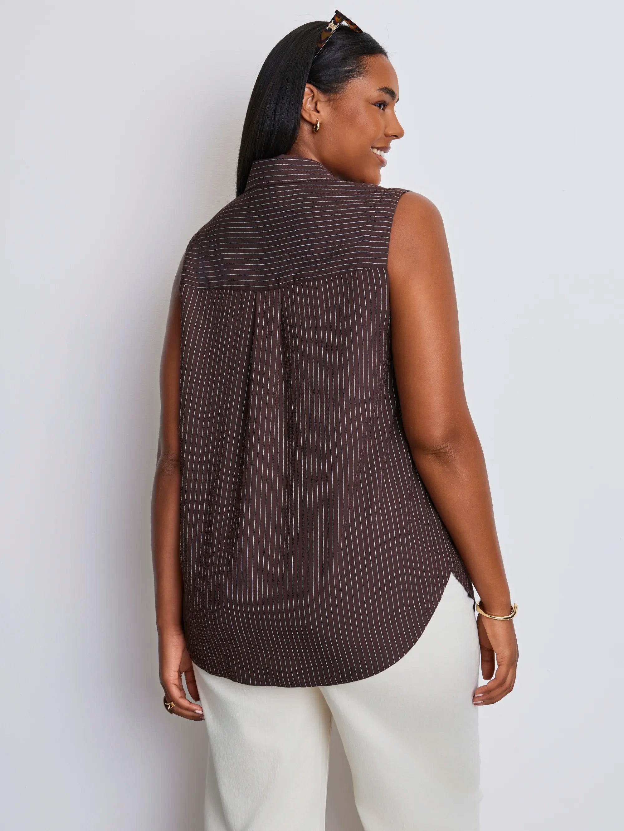Brown Striped Sleeveless Button Up Shirt