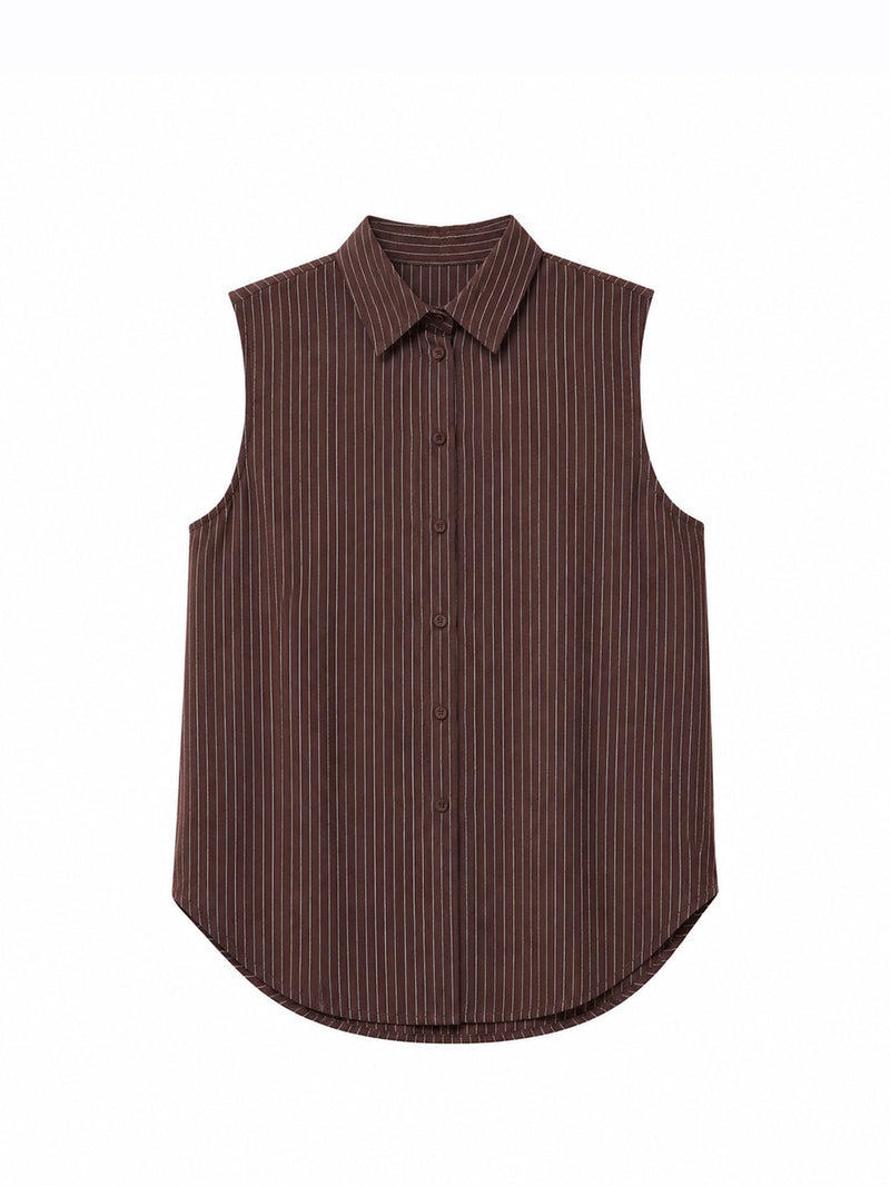 Brown Striped Sleeveless Button Up Shirt