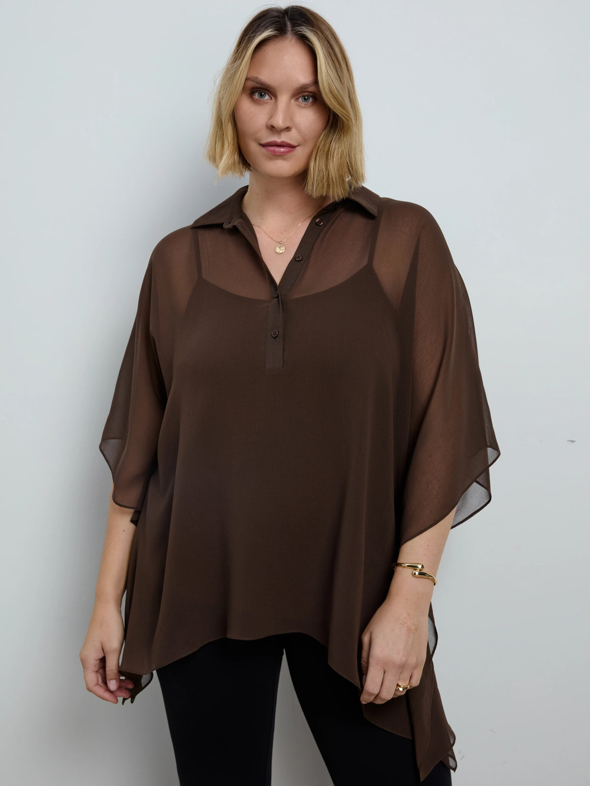 Brown Sheer Chiffon Batwing Shirt With Detachable Cami