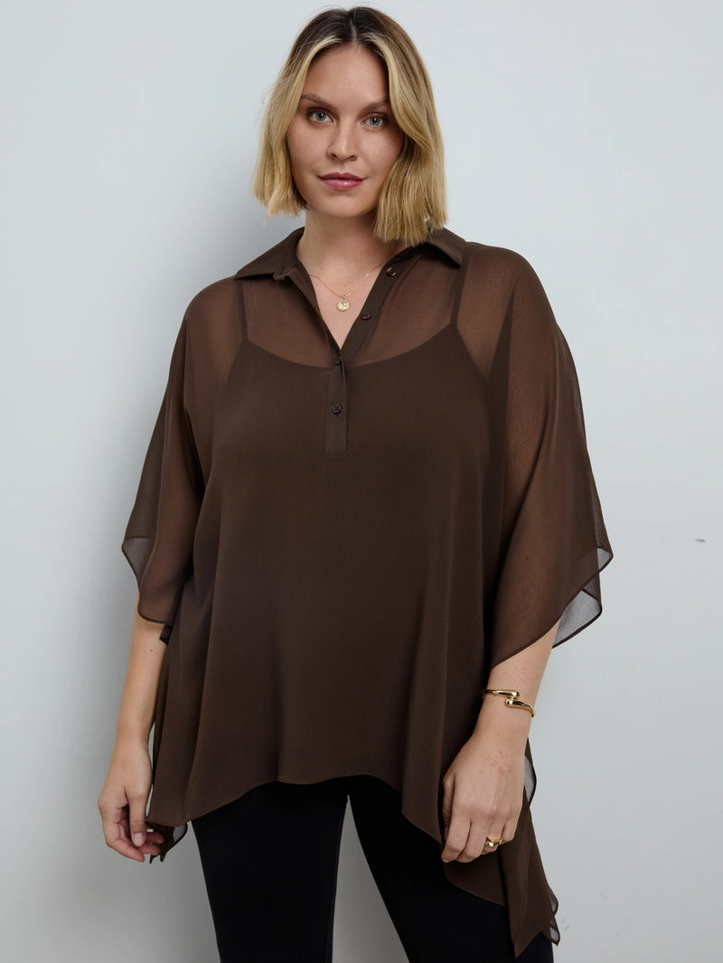 Brown Sheer Chiffon Batwing Shirt With Detachable Cami