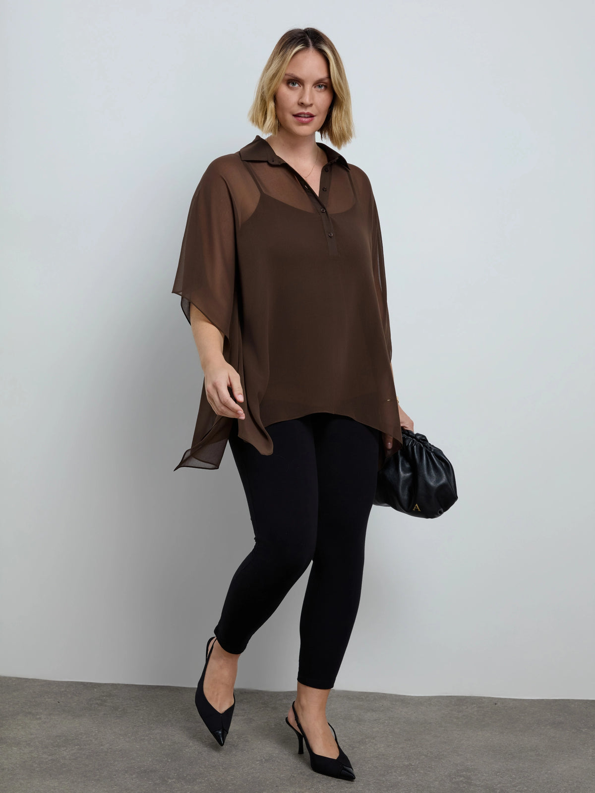 Brown Sheer Chiffon Batwing Shirt With Detachable Cami