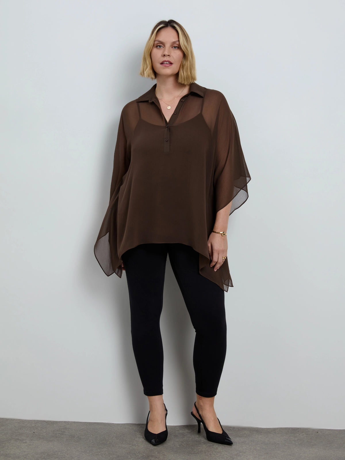 Brown Sheer Chiffon Batwing Shirt With Detachable Cami