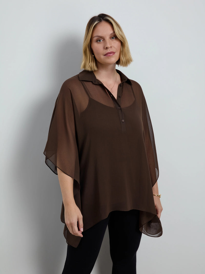 Brown Sheer Chiffon Batwing Shirt With Detachable Cami
